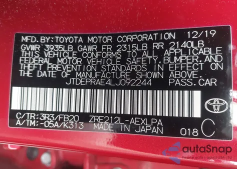 2020 Toyota Corolla Le z USA, uszkodzony, nr VIN JTDEPRAE4LJ092244
